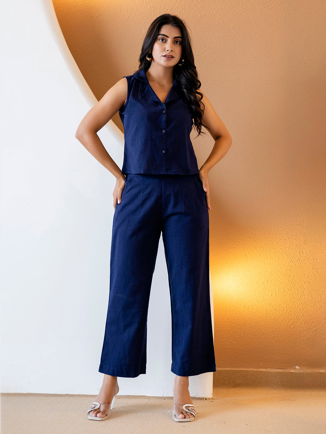 Women Nevy Blue Plain Cotton Flex Co-Ords Set