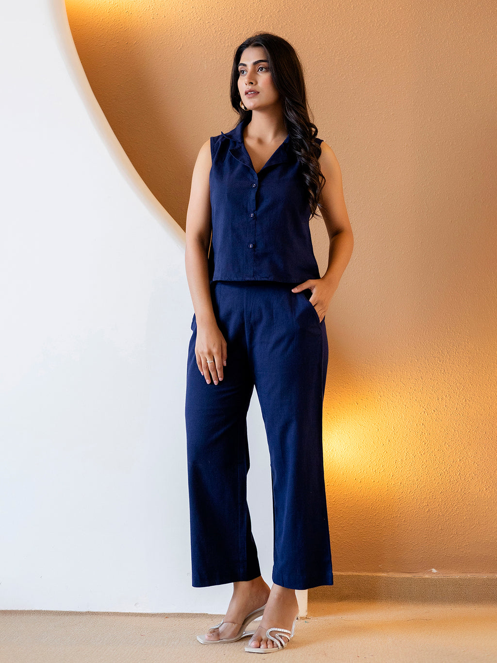 Women Nevy Blue Plain Cotton Flex Co-Ords Set