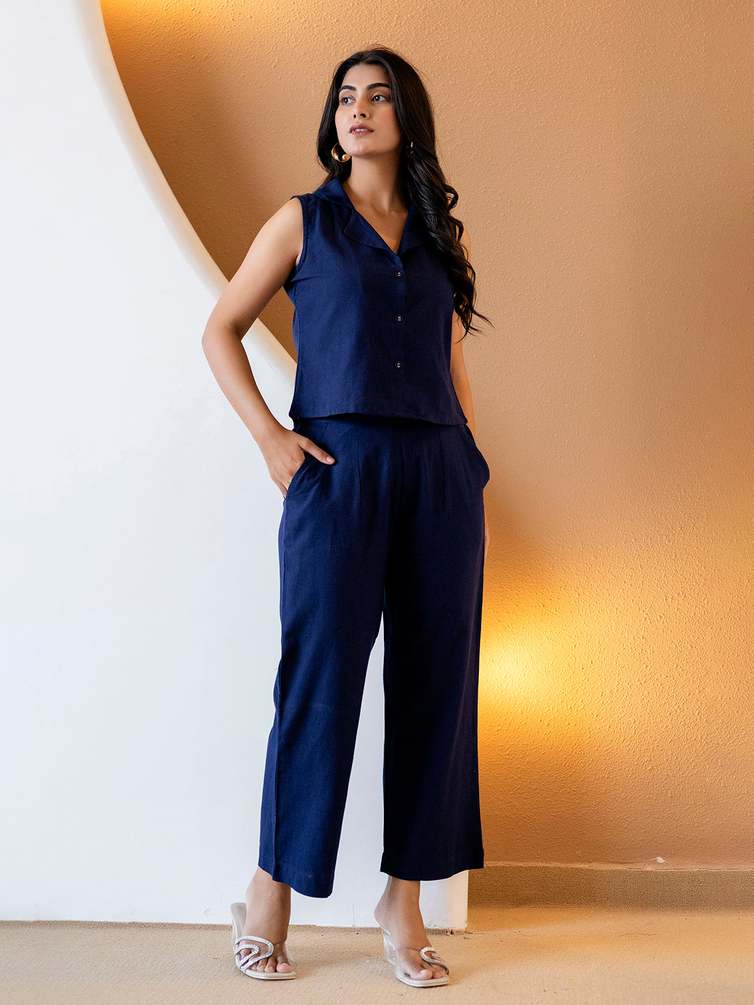 Women Nevy Blue Plain Cotton Flex Co-Ords Set