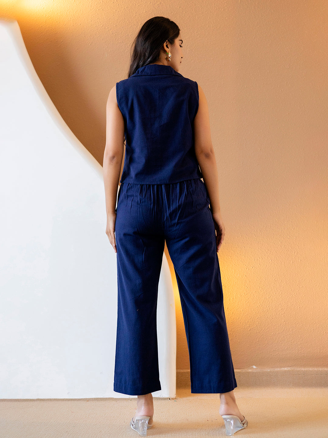 Women Nevy Blue Plain Cotton Flex Co-Ords Set