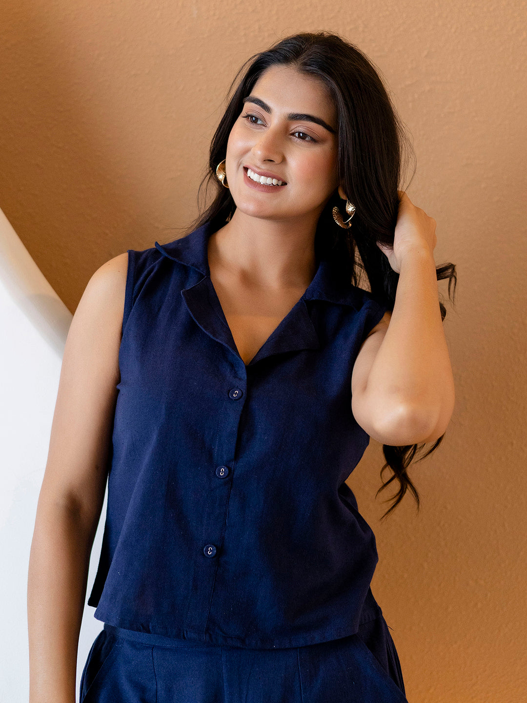 Women Nevy Blue Plain Cotton Flex Co-Ords Set