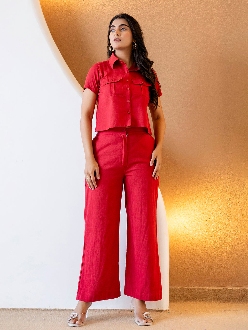 Women Red Plain Cotton Flex Co-Ords Set