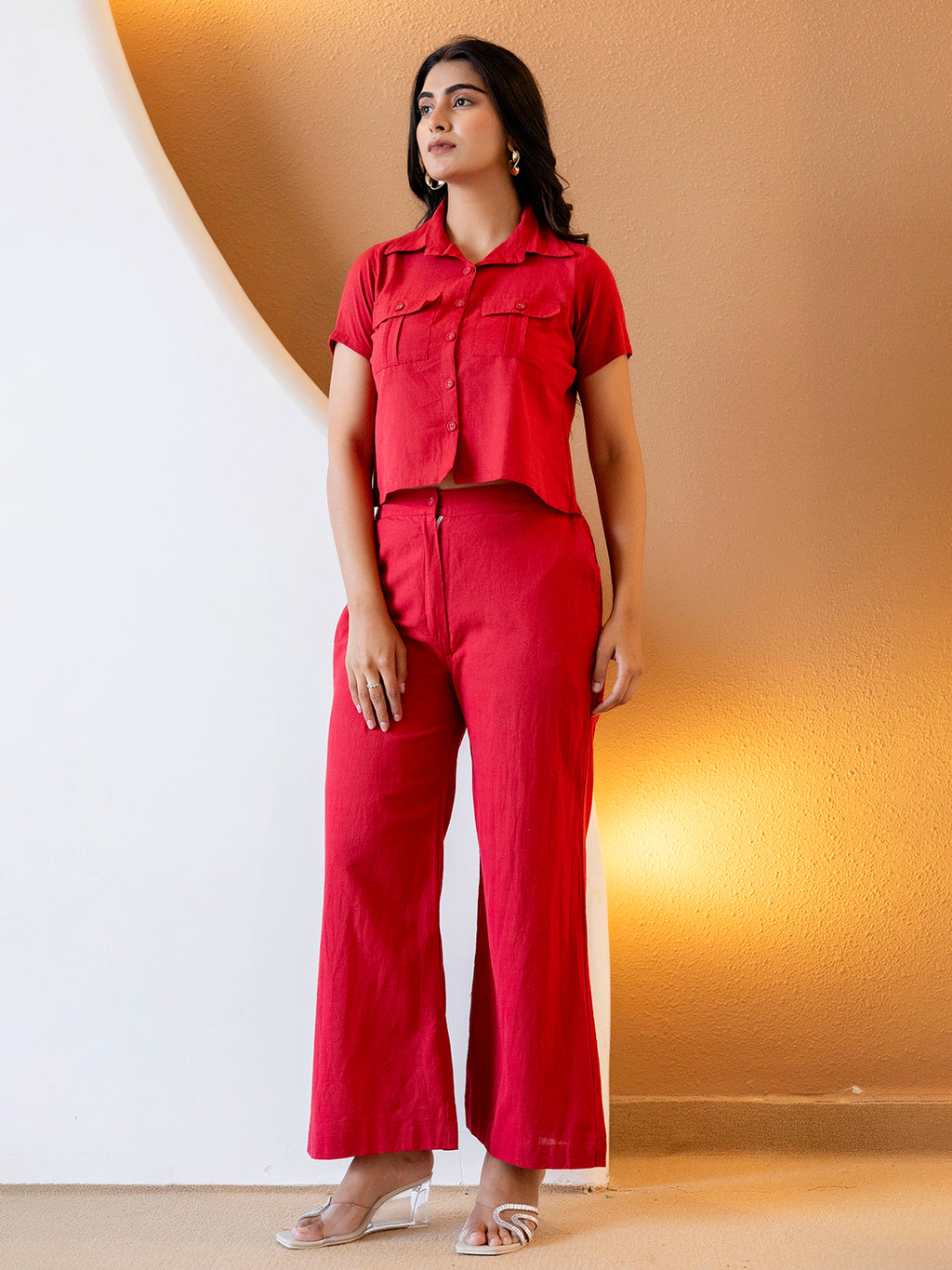 Women Red Plain Cotton Flex Co-Ords Set