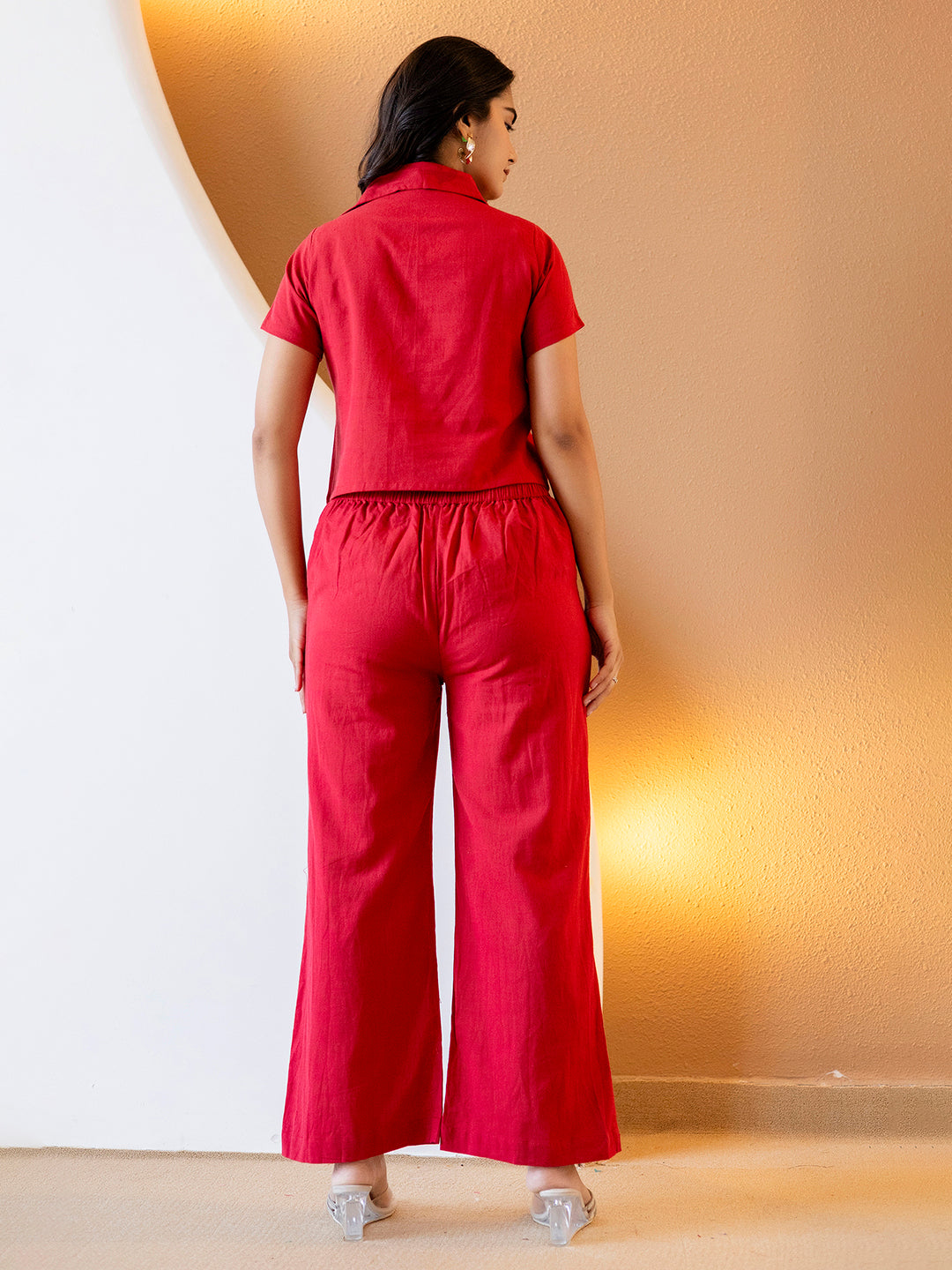 Women Red Plain Cotton Flex Co-Ords Set