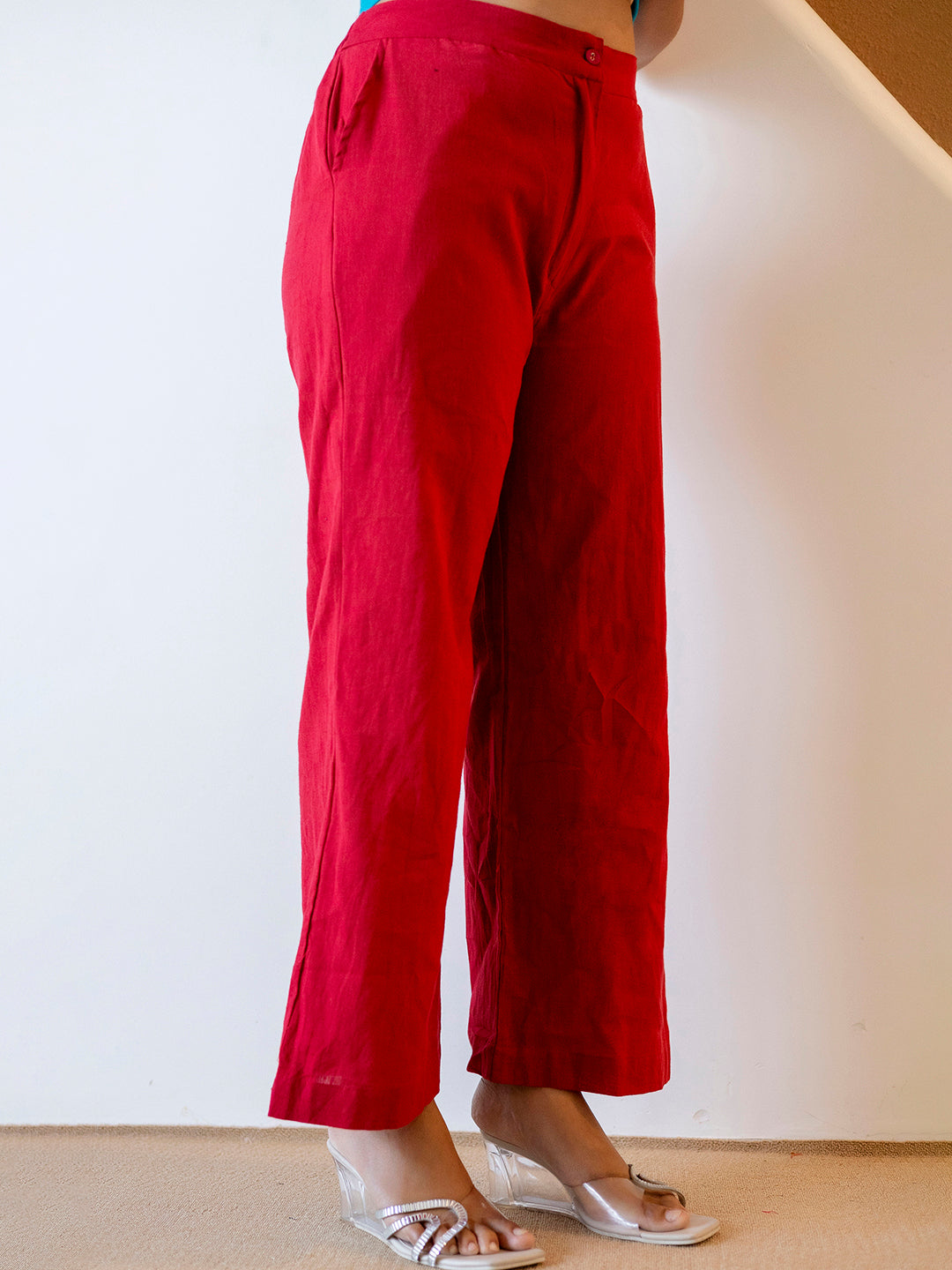 Women Red Plain Cotton Flex Co-Ords Set