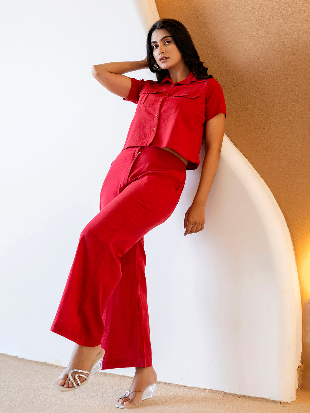 Women Red Plain Cotton Flex Co-Ords Set