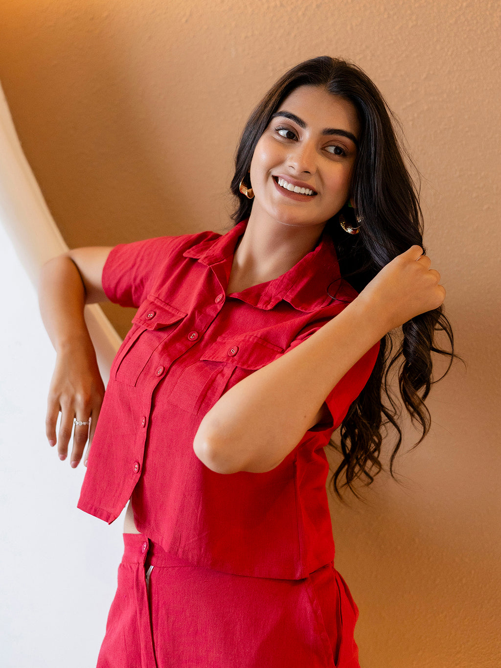 Women Red Plain Cotton Flex Co-Ords Set