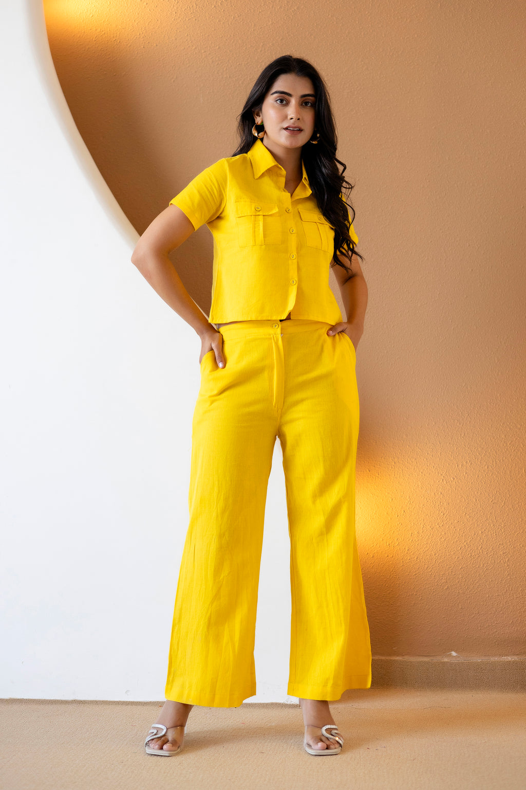 Women Yellow Plain Cotton Flex Co-Ords Set