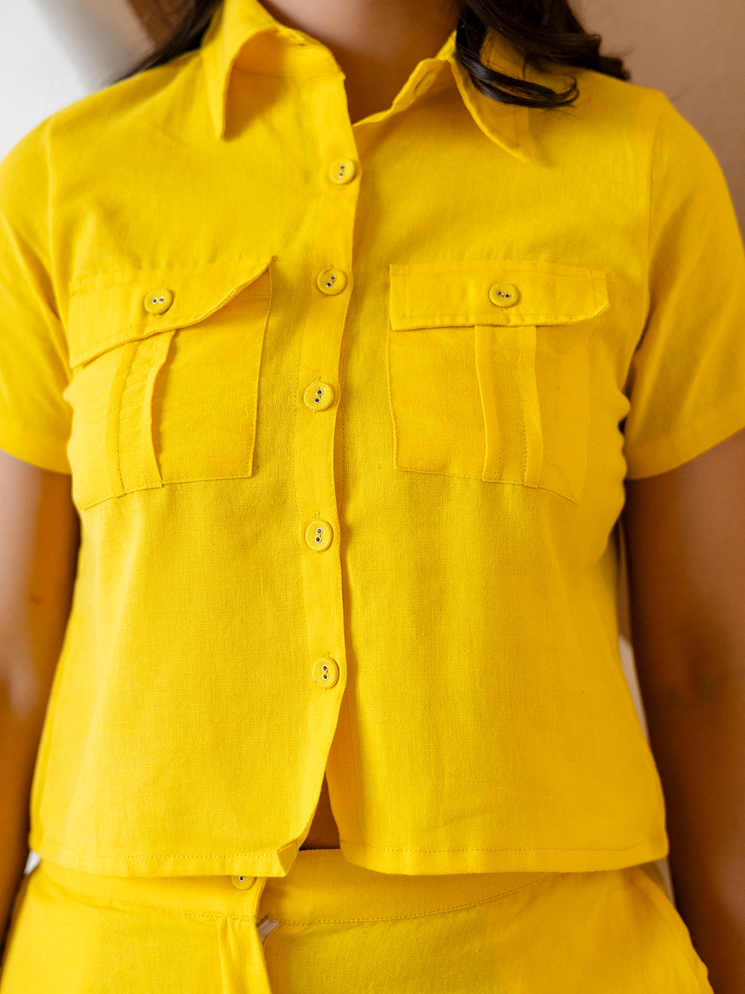 Women Yellow Plain Cotton Flex Co-Ords Set