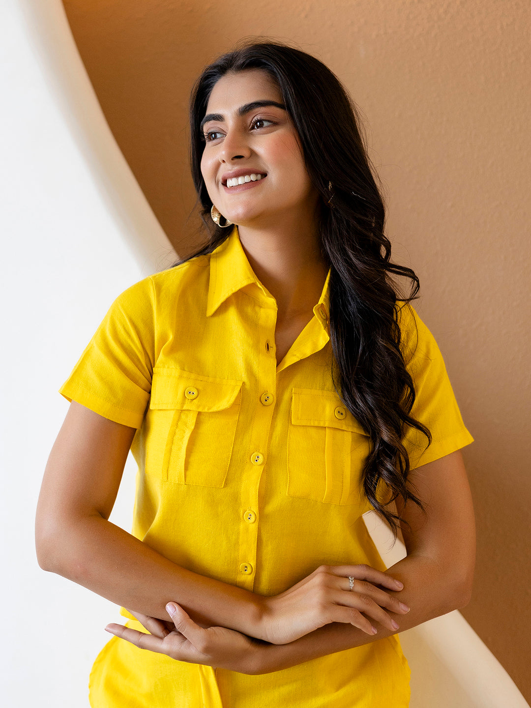 Women Yellow Plain Cotton Flex Co-Ords Set