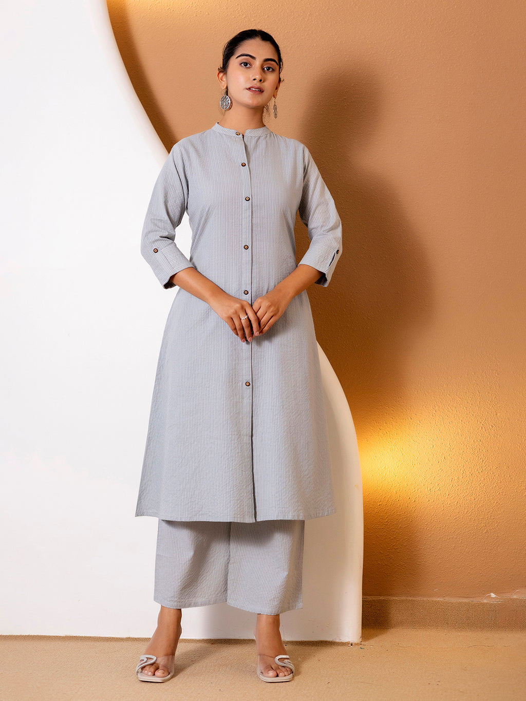 Women Grey Plain Katha Kurta Set
