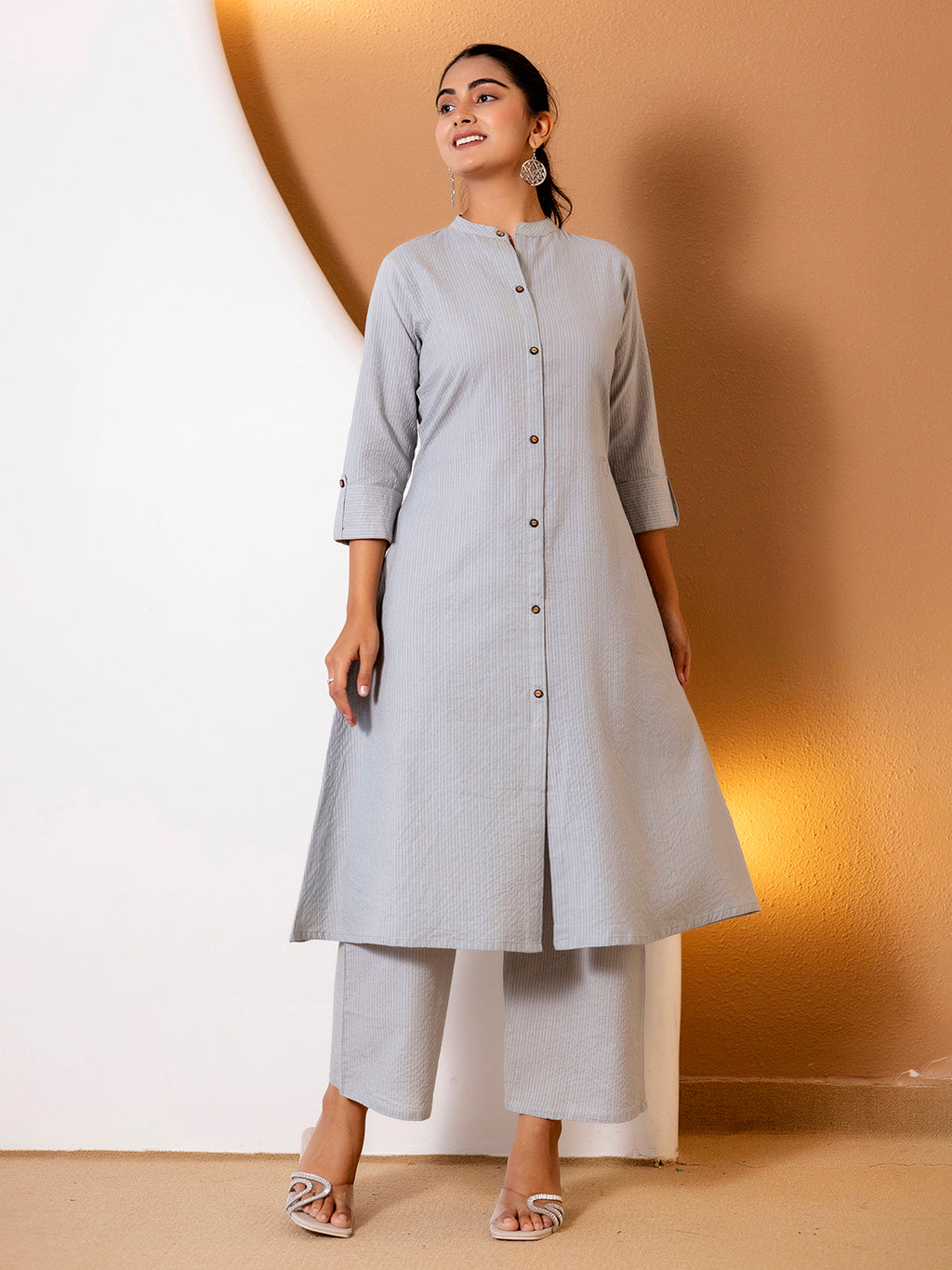 Women Grey Plain Katha Kurta Set