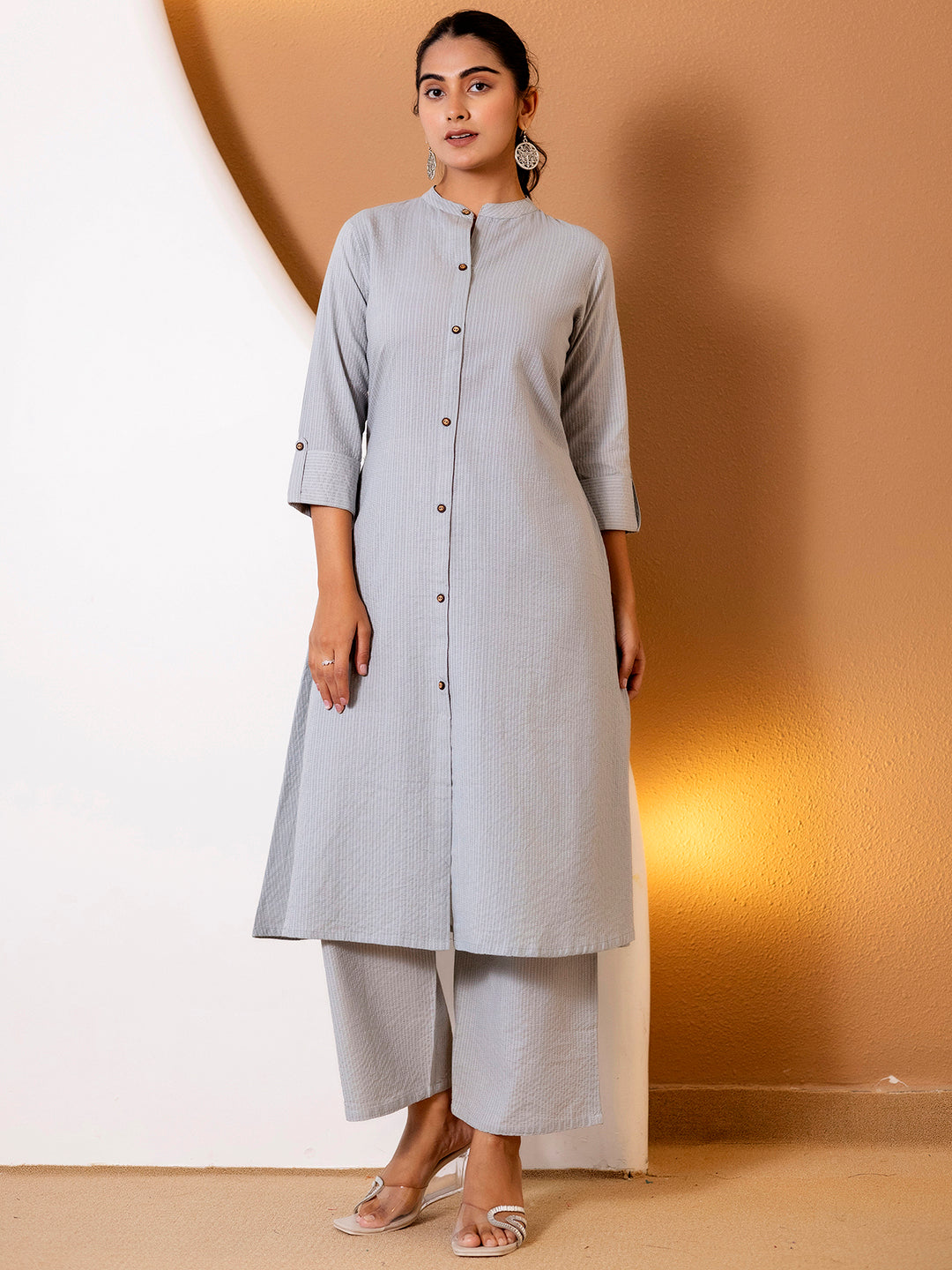 Women Grey Plain Katha Kurta Set