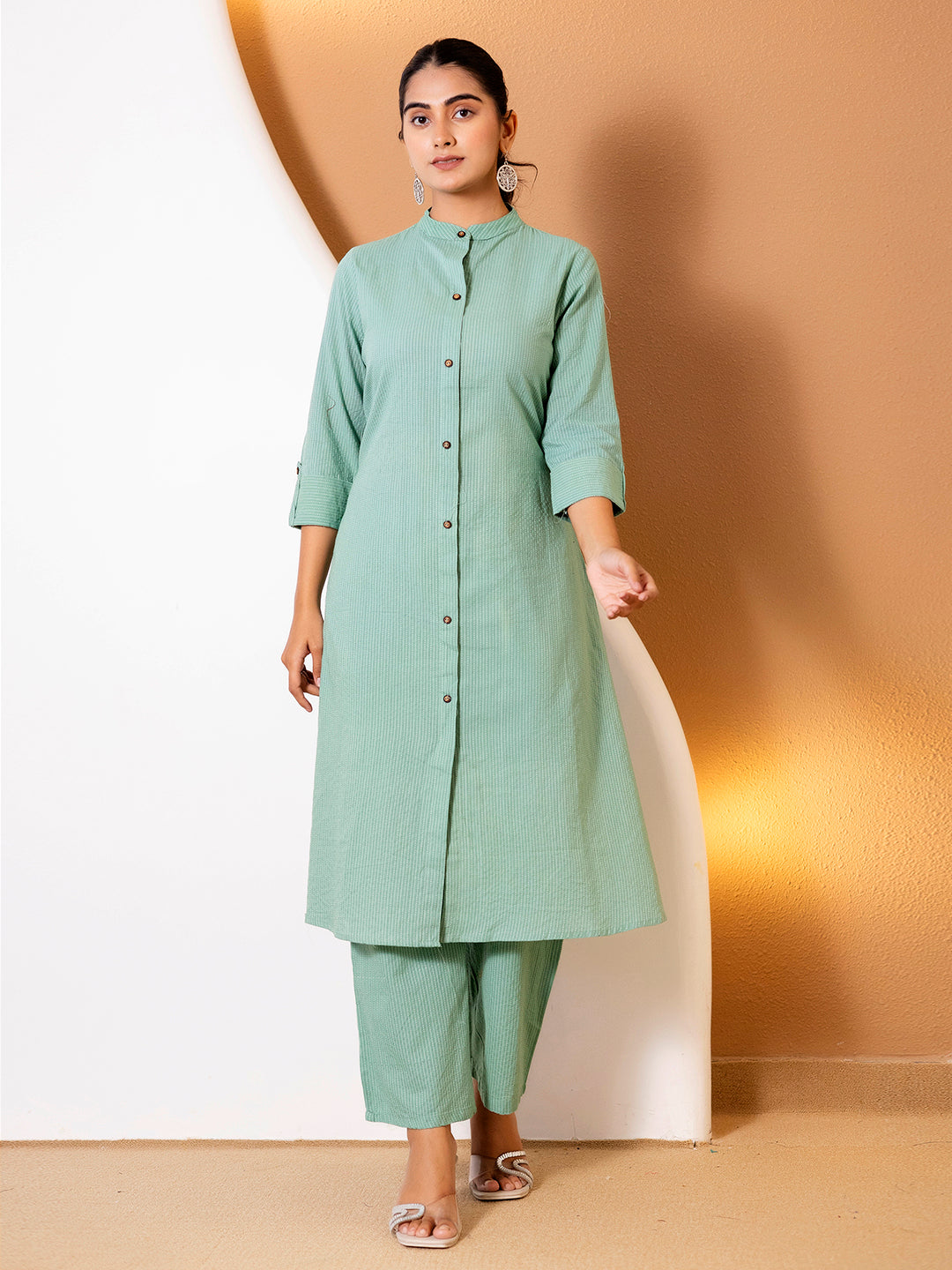 Women Green Plain Katha Kurta Set