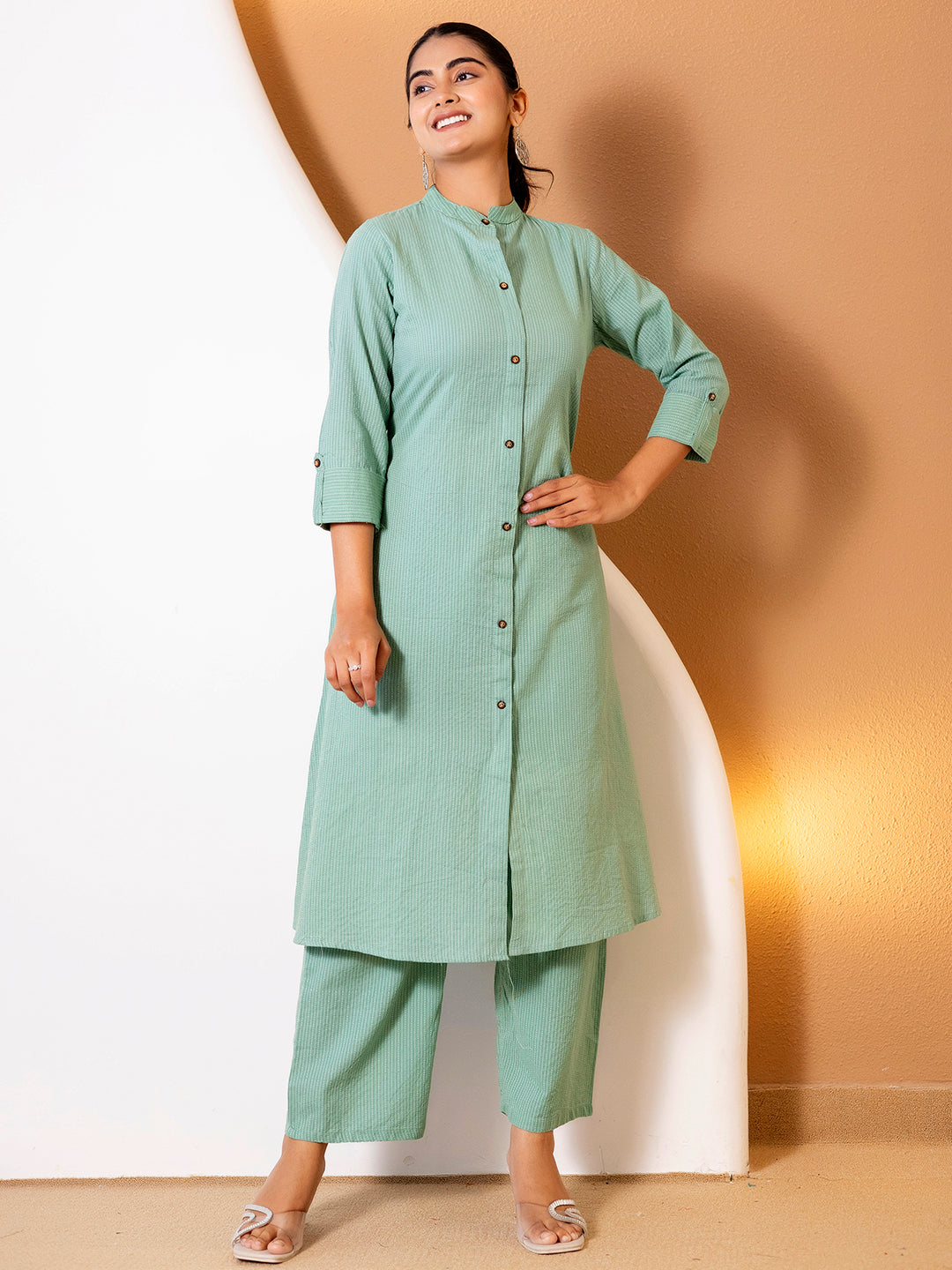 Women Green Plain Katha Kurta Set
