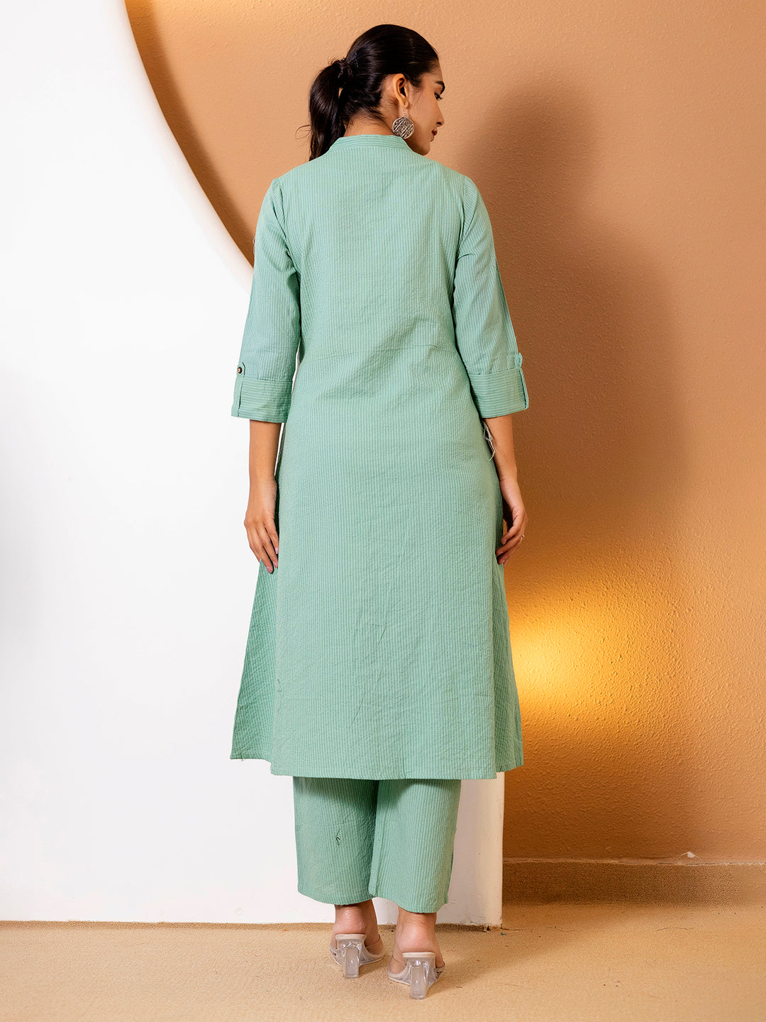 Women Green Plain Katha Kurta Set