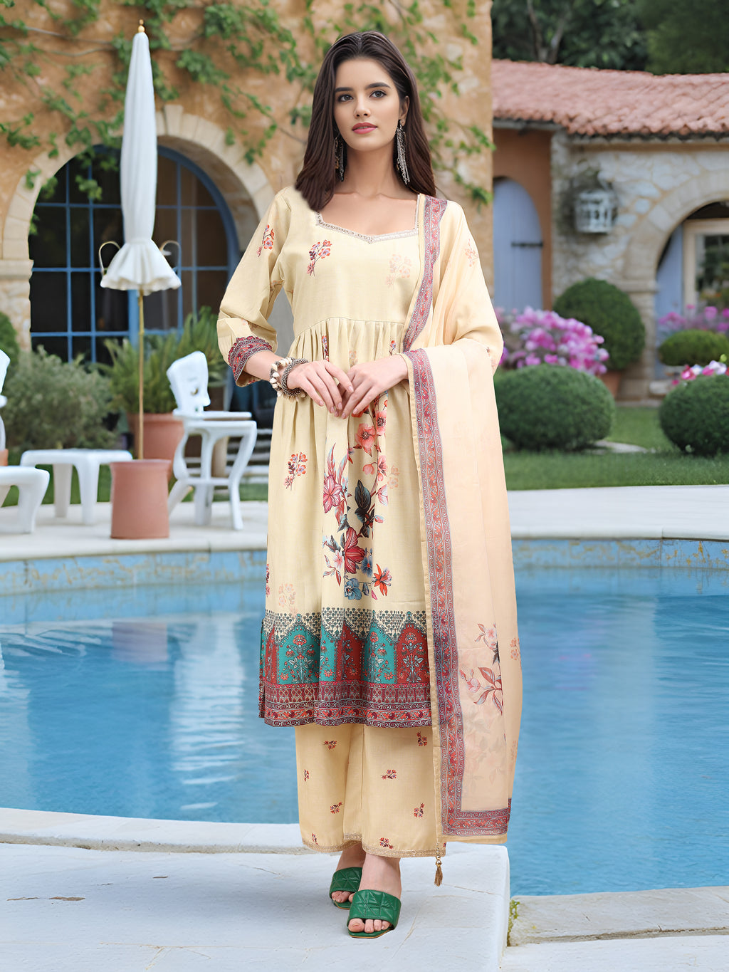 Beige Digital Print  Kurta Set