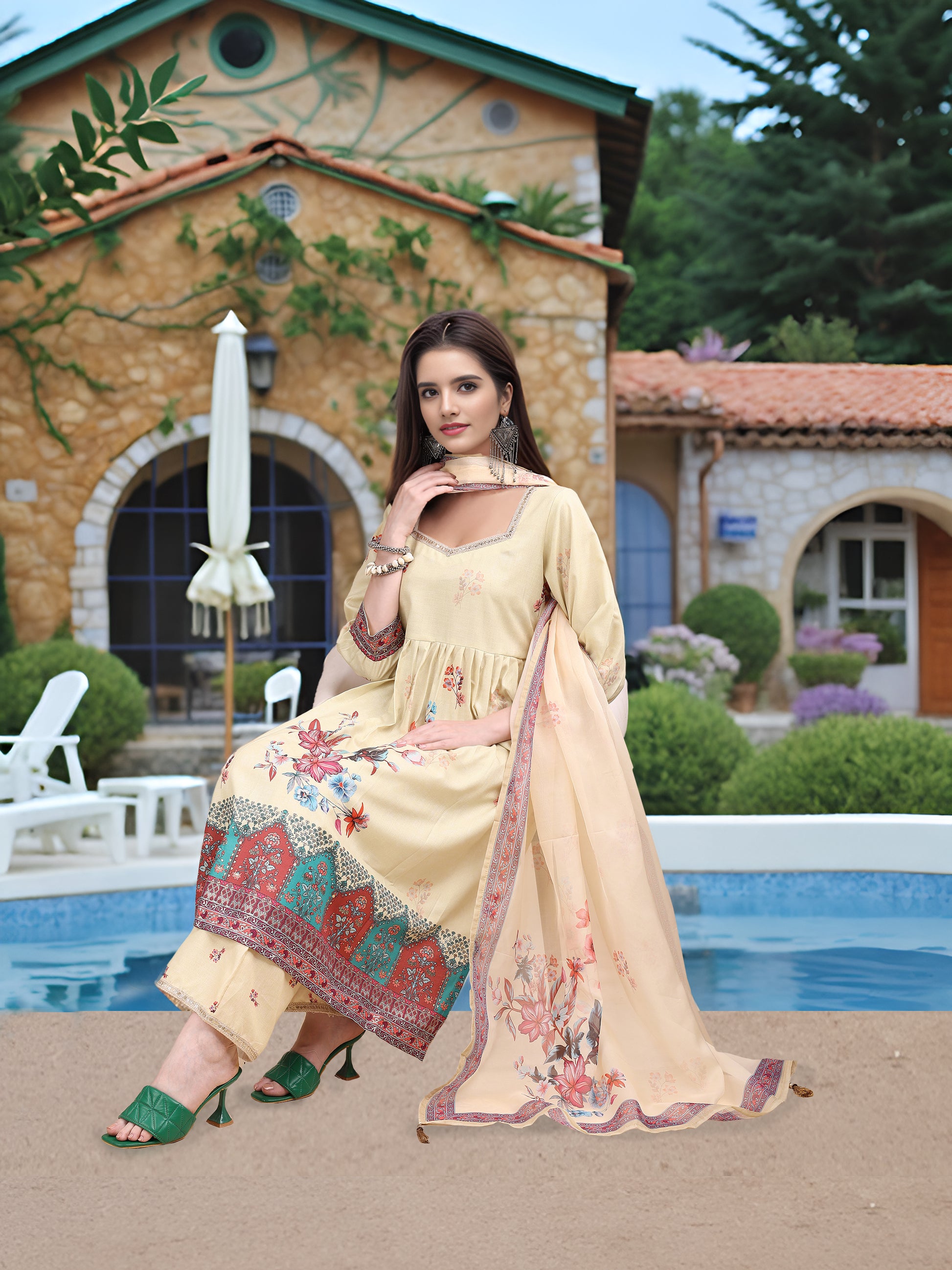 Beige Digital Print  Kurta Set