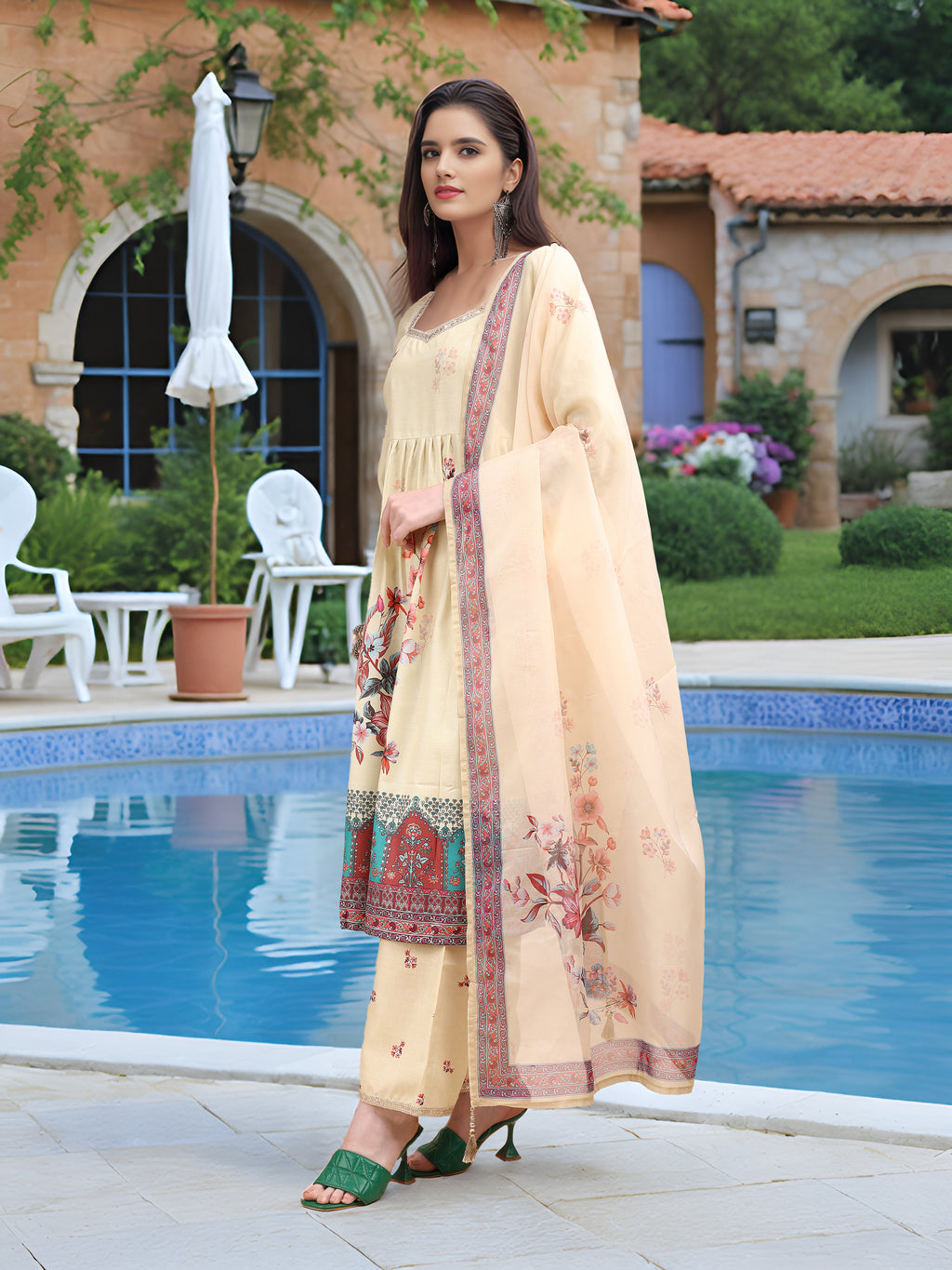 Beige Digital Print  Kurta Set