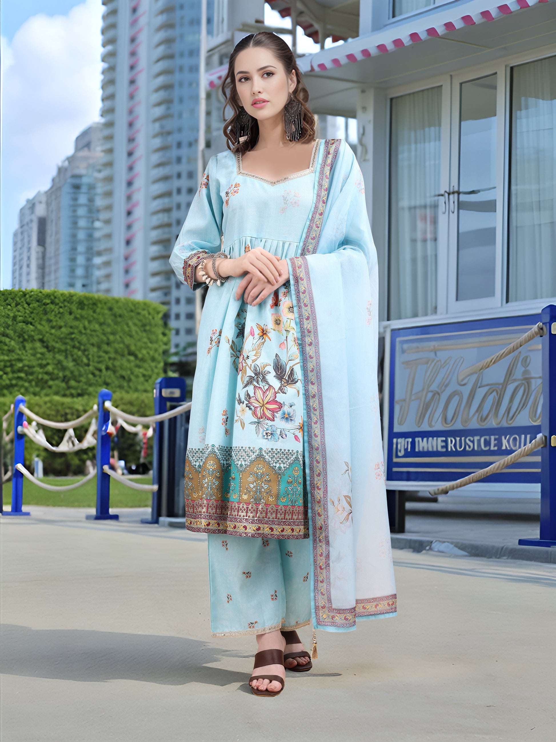 Sky Blue Digital Print  Kurta Set