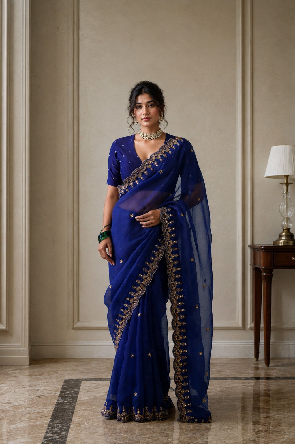 Women's Royal Blue Silk Organza  Saree with Unstitched Blouse