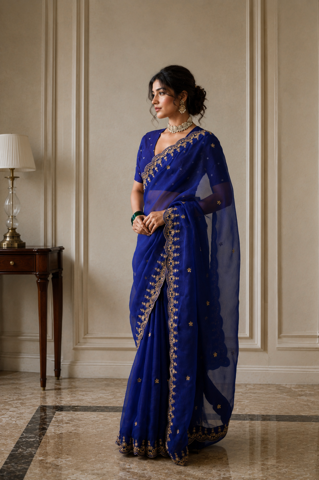 Women's Royal Blue Silk Organza  Saree with Unstitched Blouse
