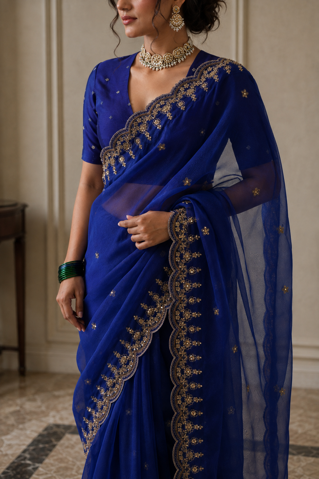 Women's Royal Blue Silk Organza  Saree with Unstitched Blouse