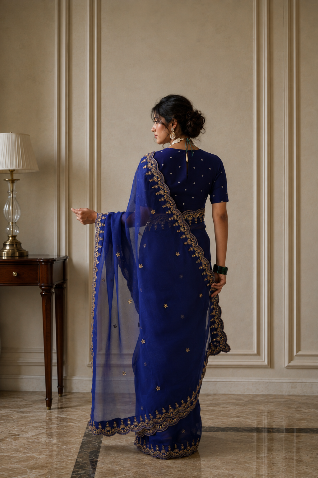 Women's Royal Blue Silk Organza  Saree with Unstitched Blouse