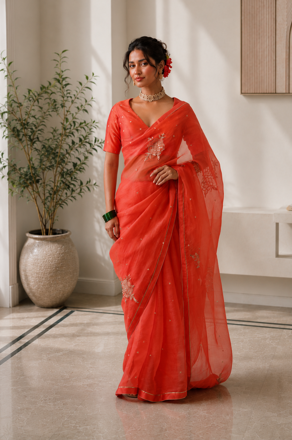 Women's Coral Silk Organza  Saree with Unstitched Blouse