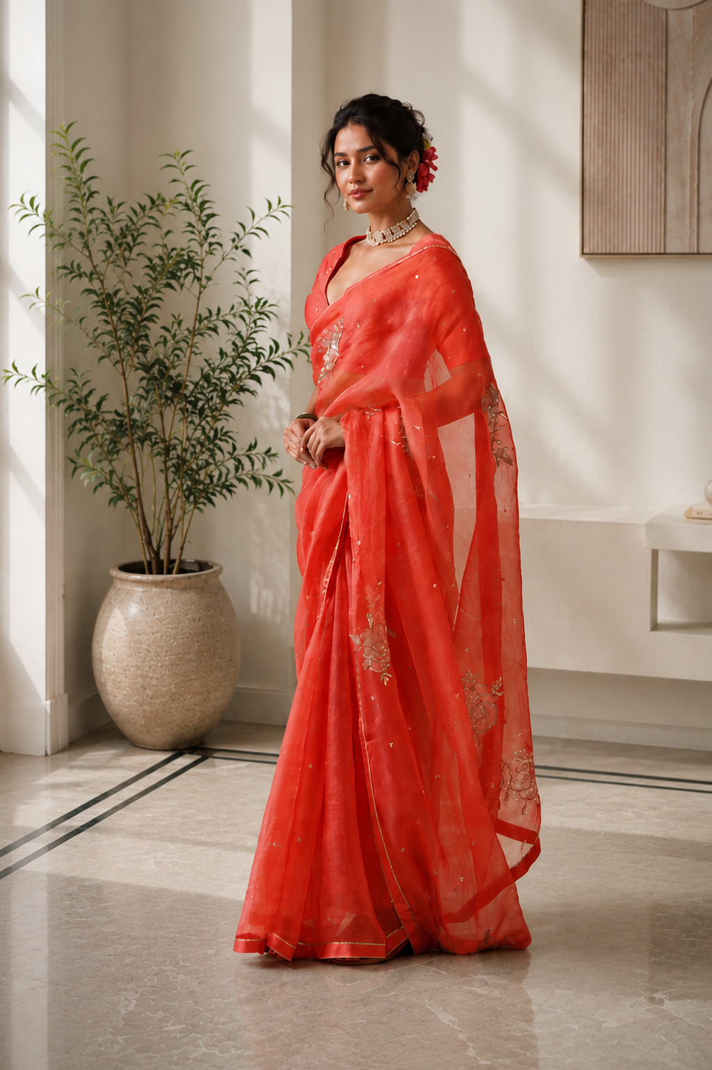Women's Coral Silk Organza  Saree with Unstitched Blouse