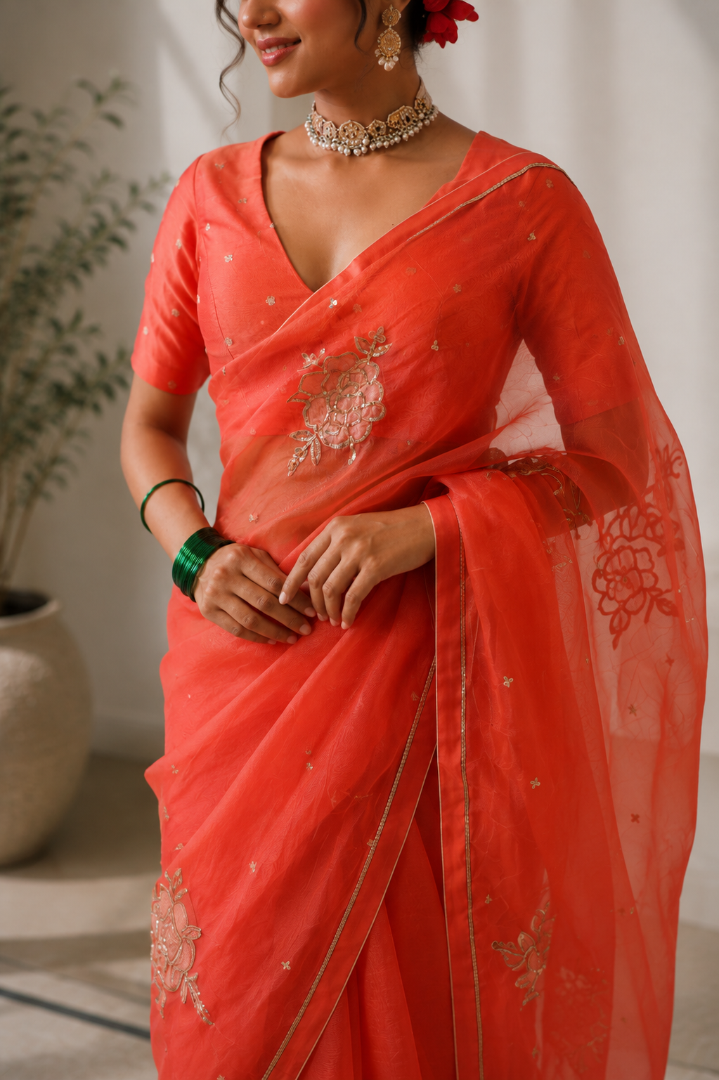 Women's Coral Silk Organza  Saree with Unstitched Blouse