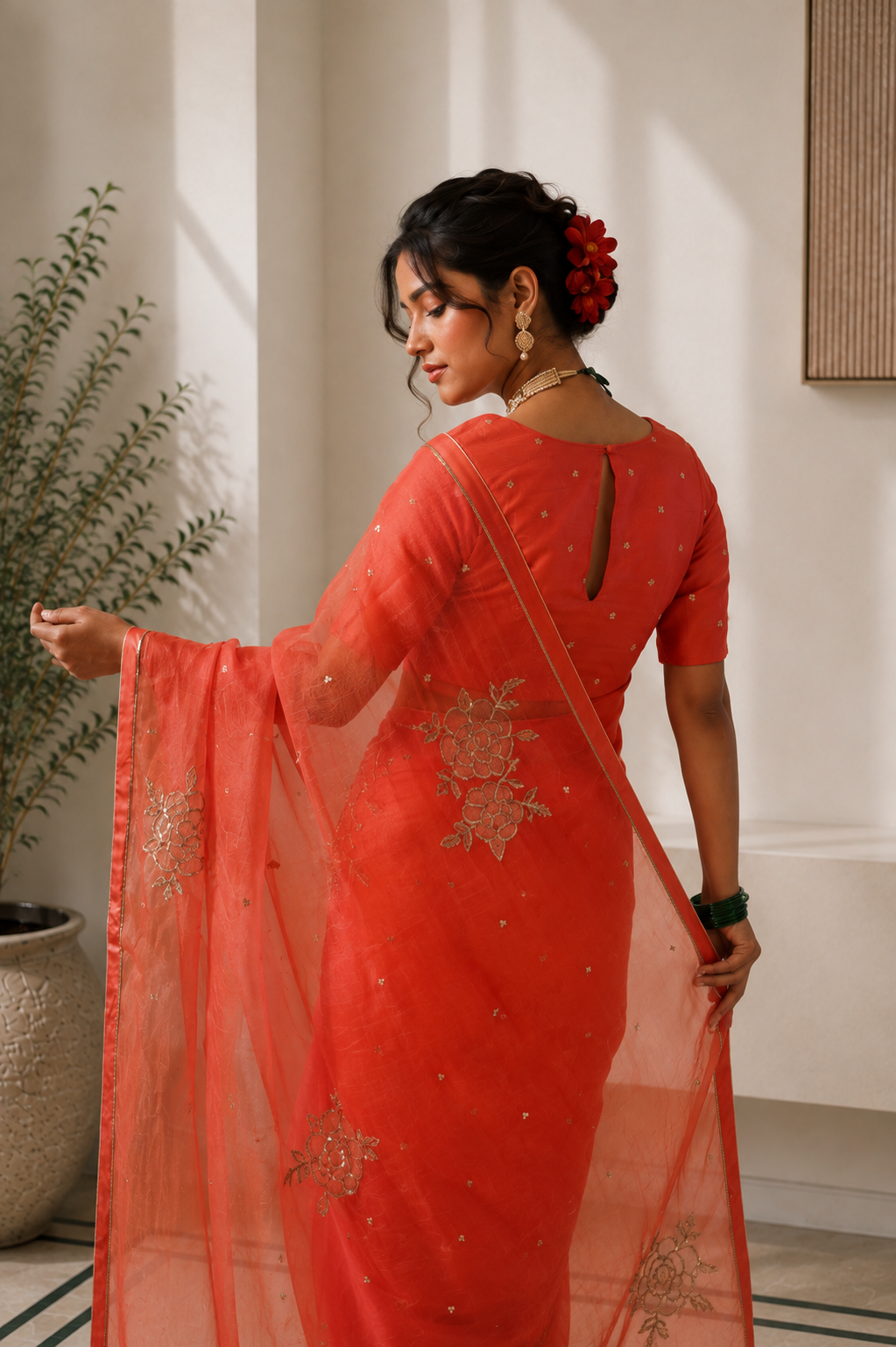 Women's Coral Silk Organza  Saree with Unstitched Blouse