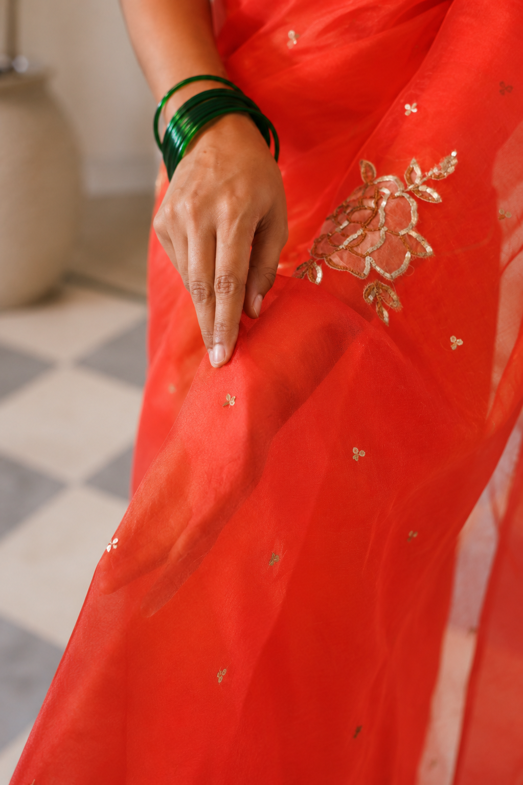 Women's Coral Silk Organza  Saree with Unstitched Blouse