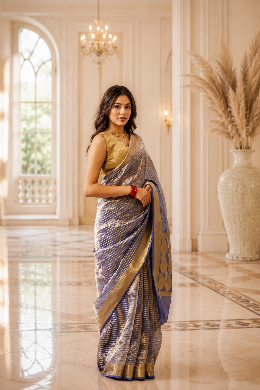 Women's Navy Blue Silk Tissue Saree with Unstitched Blouse