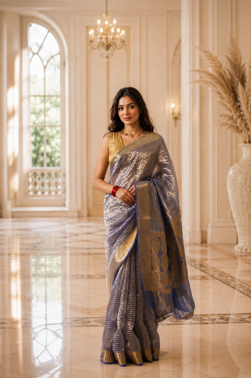 Women's Navy Blue Silk Tissue Saree with Unstitched Blouse