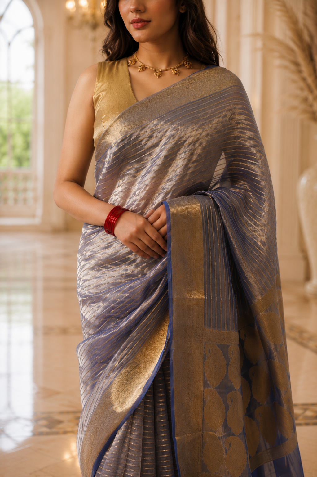 Women's Navy Blue Silk Tissue Saree with Unstitched Blouse