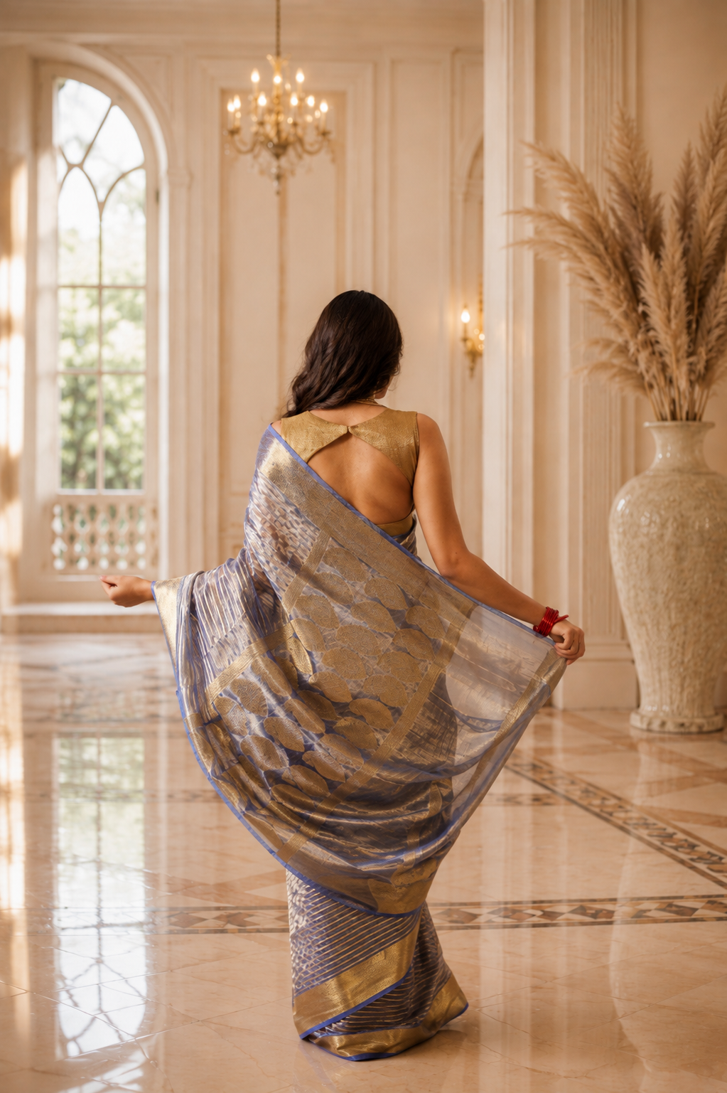 Women's Navy Blue Silk Tissue Saree with Unstitched Blouse