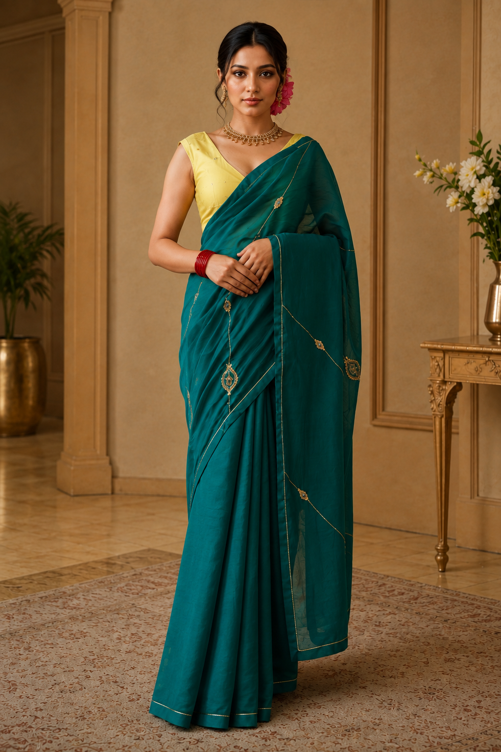 Women's Emerald Green Cotton Silk  Saree with Unstitched Blouse