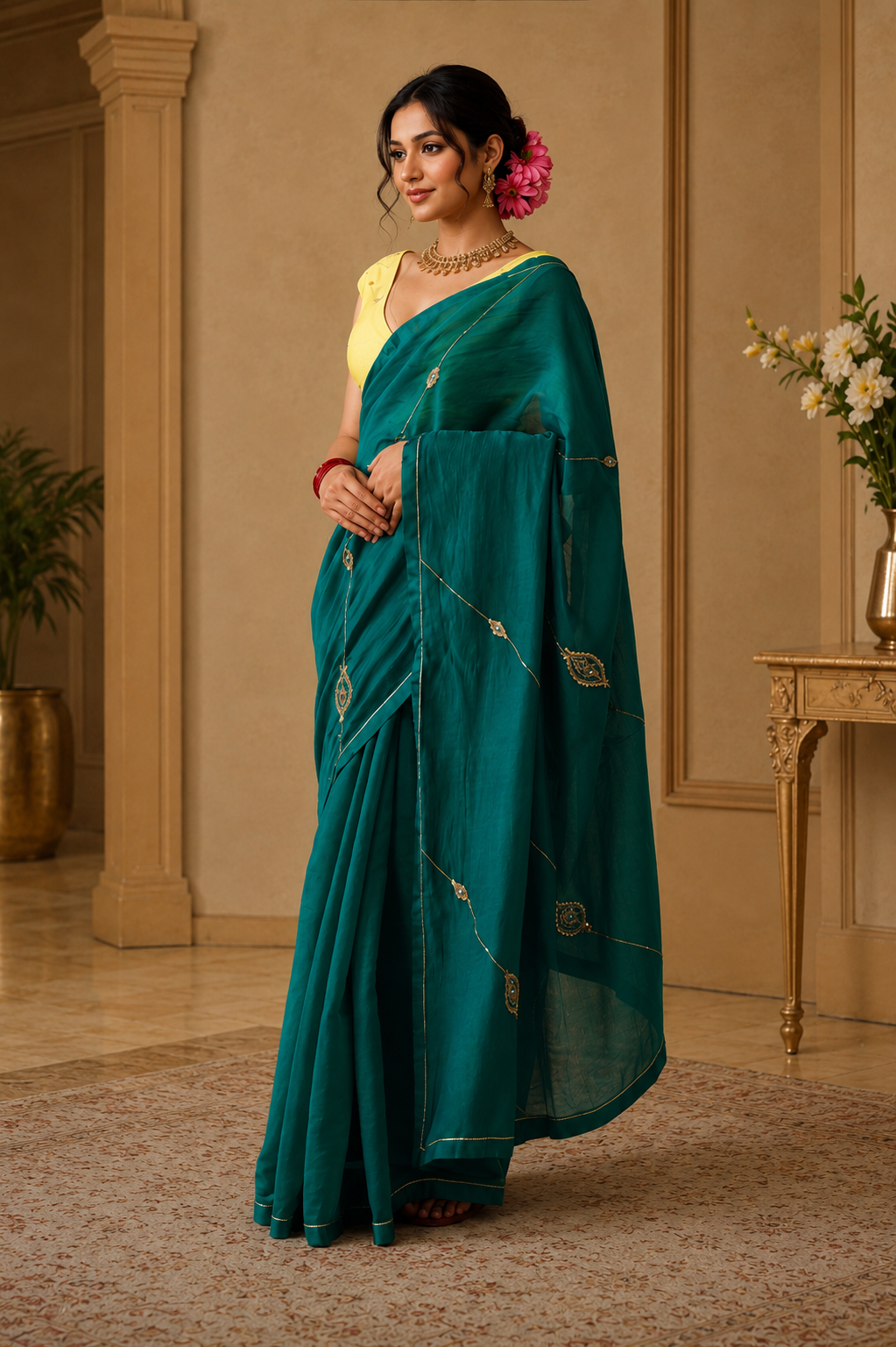 Women's Emerald Green Cotton Silk  Saree with Unstitched Blouse