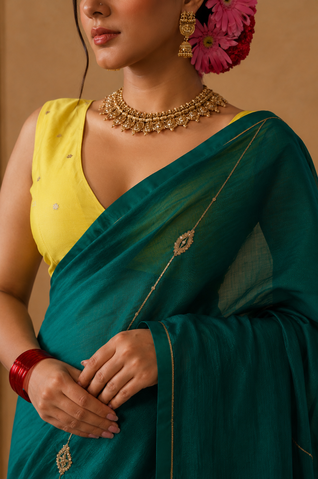 Women's Emerald Green Cotton Silk  Saree with Unstitched Blouse
