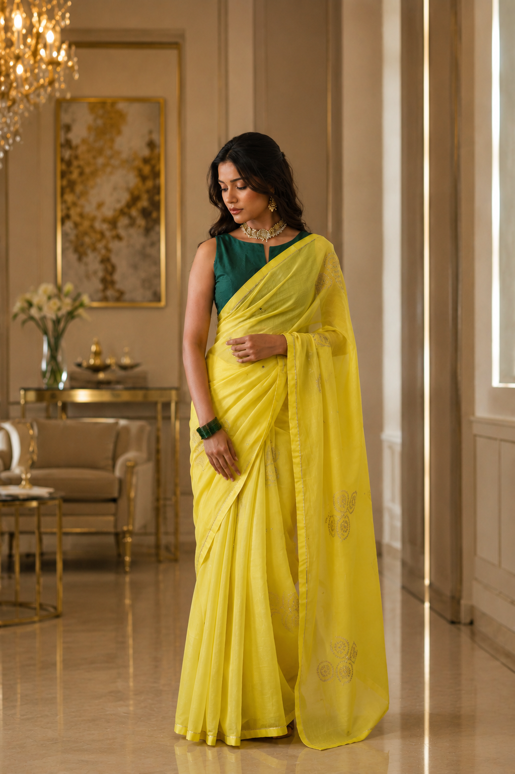 Women's Lime Cotton Silk  Saree with Unstitched Blouse