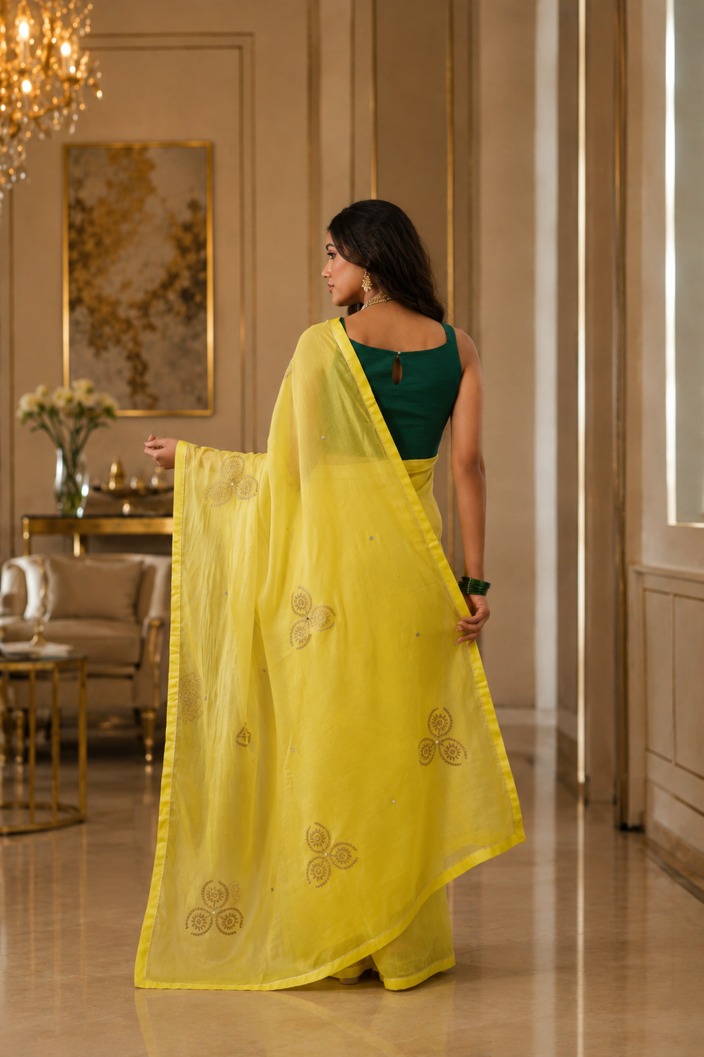 Women's Lime Cotton Silk  Saree with Unstitched Blouse