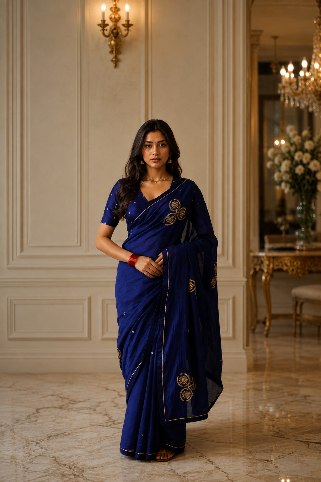 Women's Royal Blue Cotton Silk  Saree with Unstitched Blouse