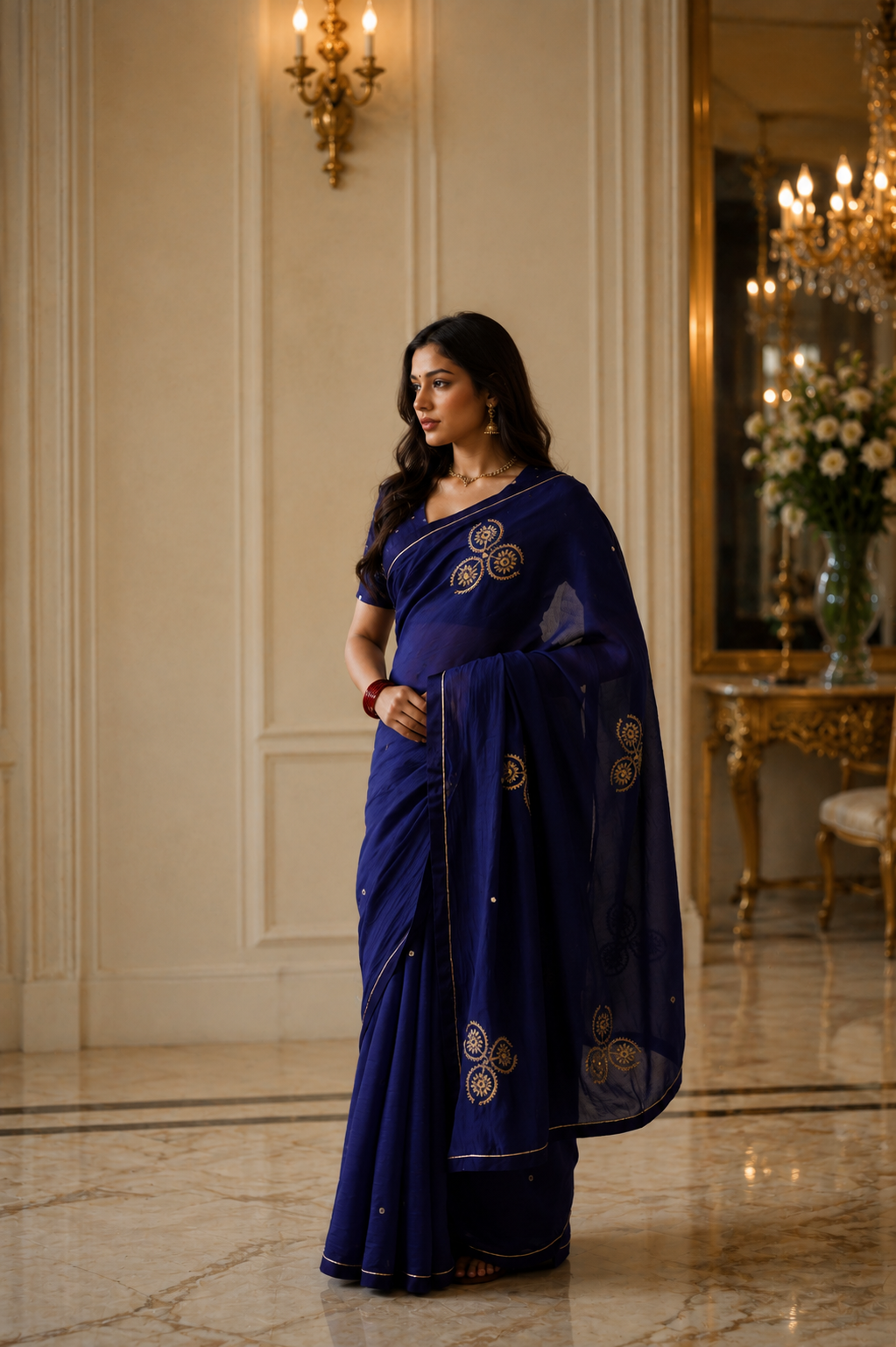 Women's Royal Blue Cotton Silk  Saree with Unstitched Blouse