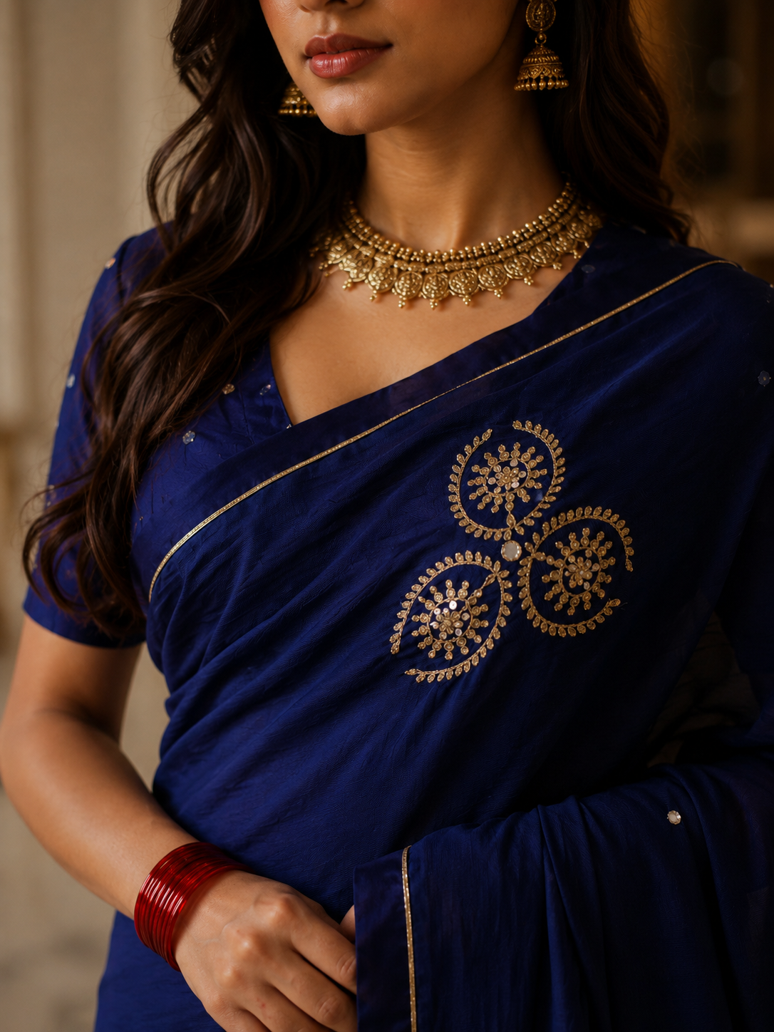 Women's Royal Blue Cotton Silk  Saree with Unstitched Blouse
