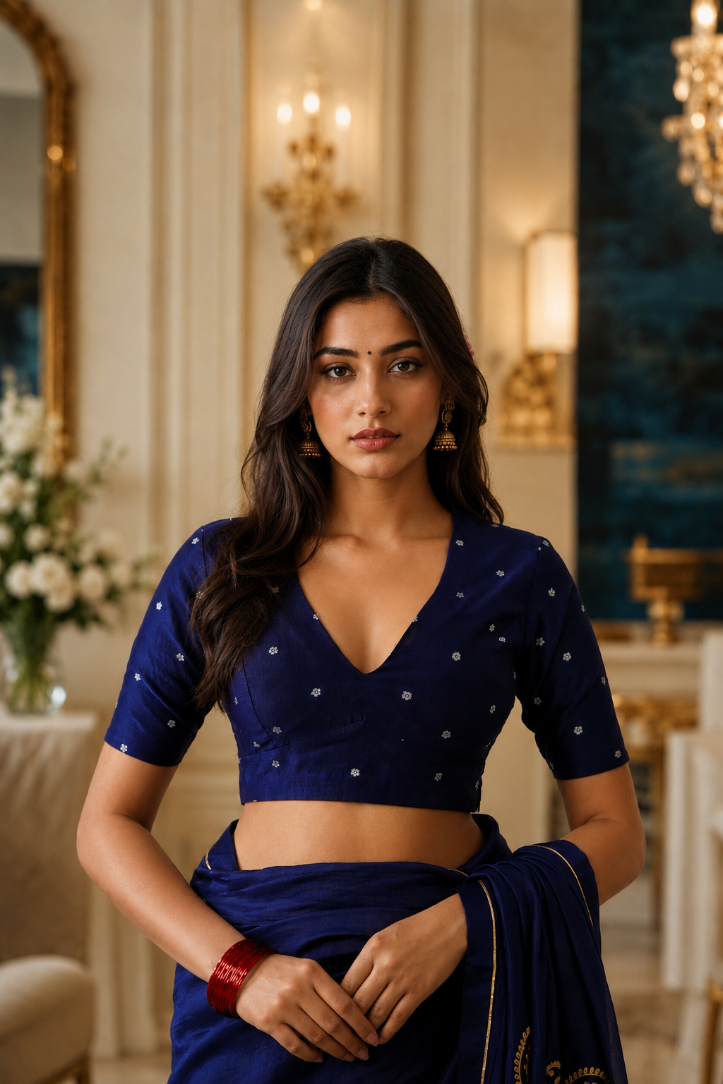 Women's Royal Blue Cotton Silk  Saree with Unstitched Blouse