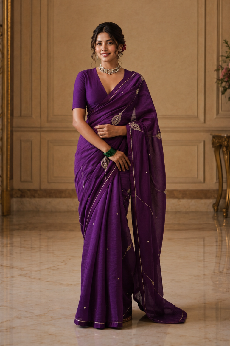 Women's Purple Cotton Silk  Saree with Unstitched Blouse