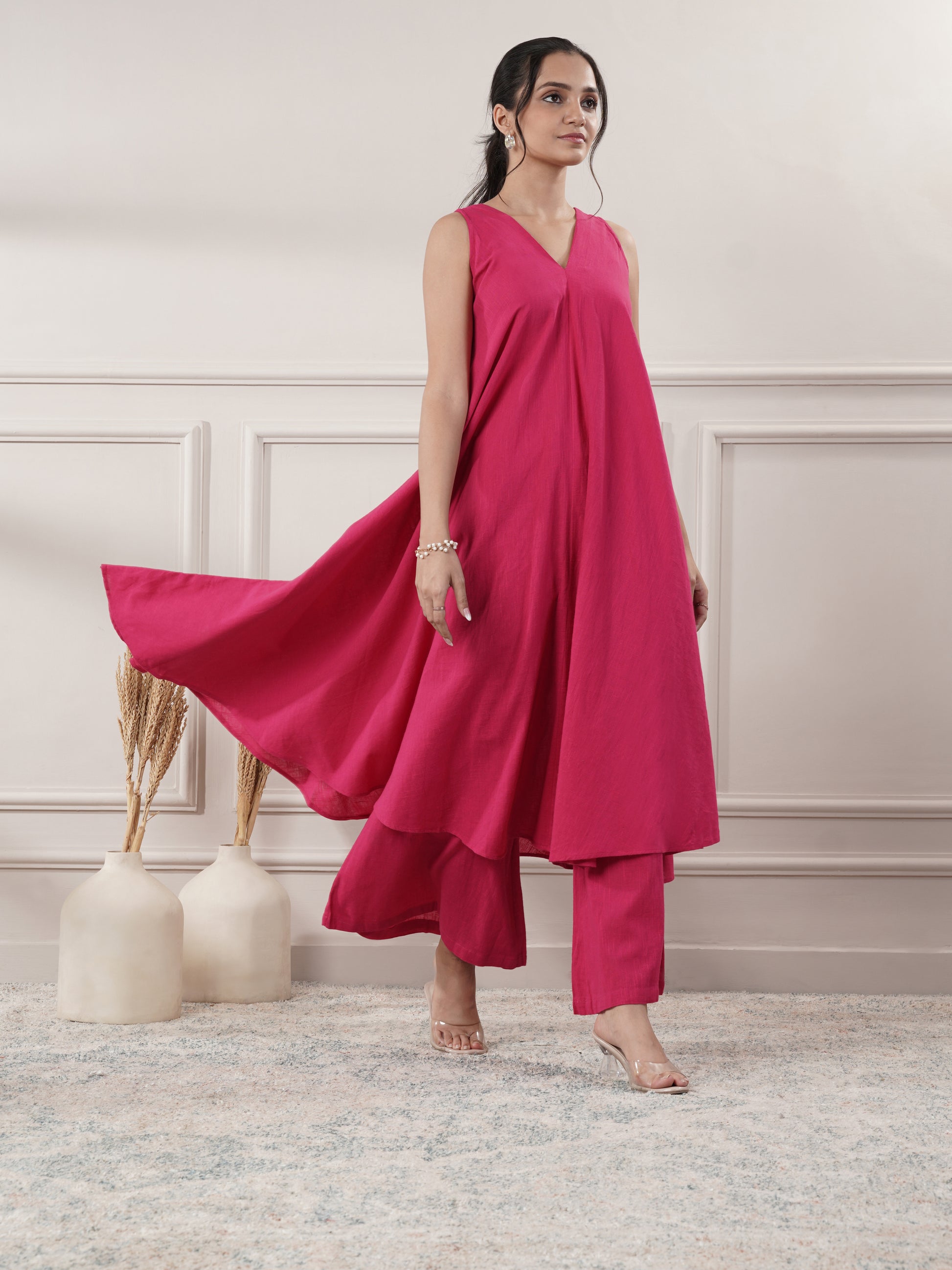 Pink Cotton A-Line Midi Party wear dresses With Pants