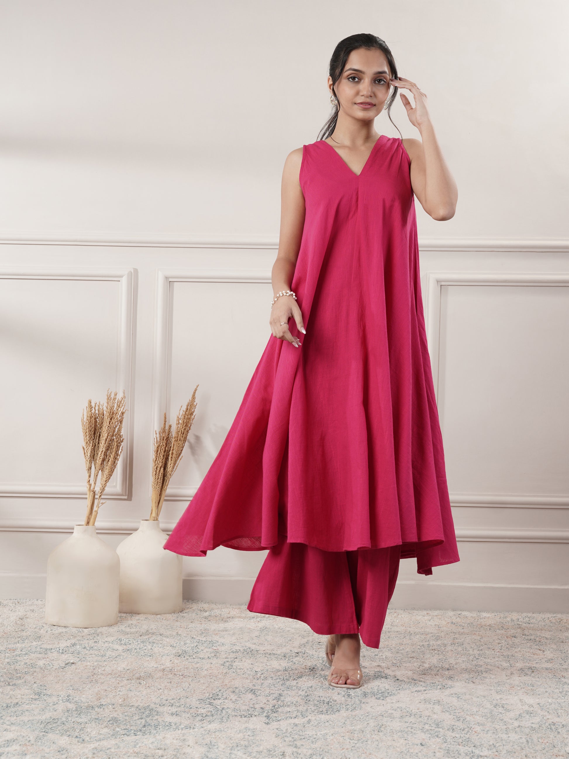 Pink Cotton A-Line Midi Party wear dresses With Pants