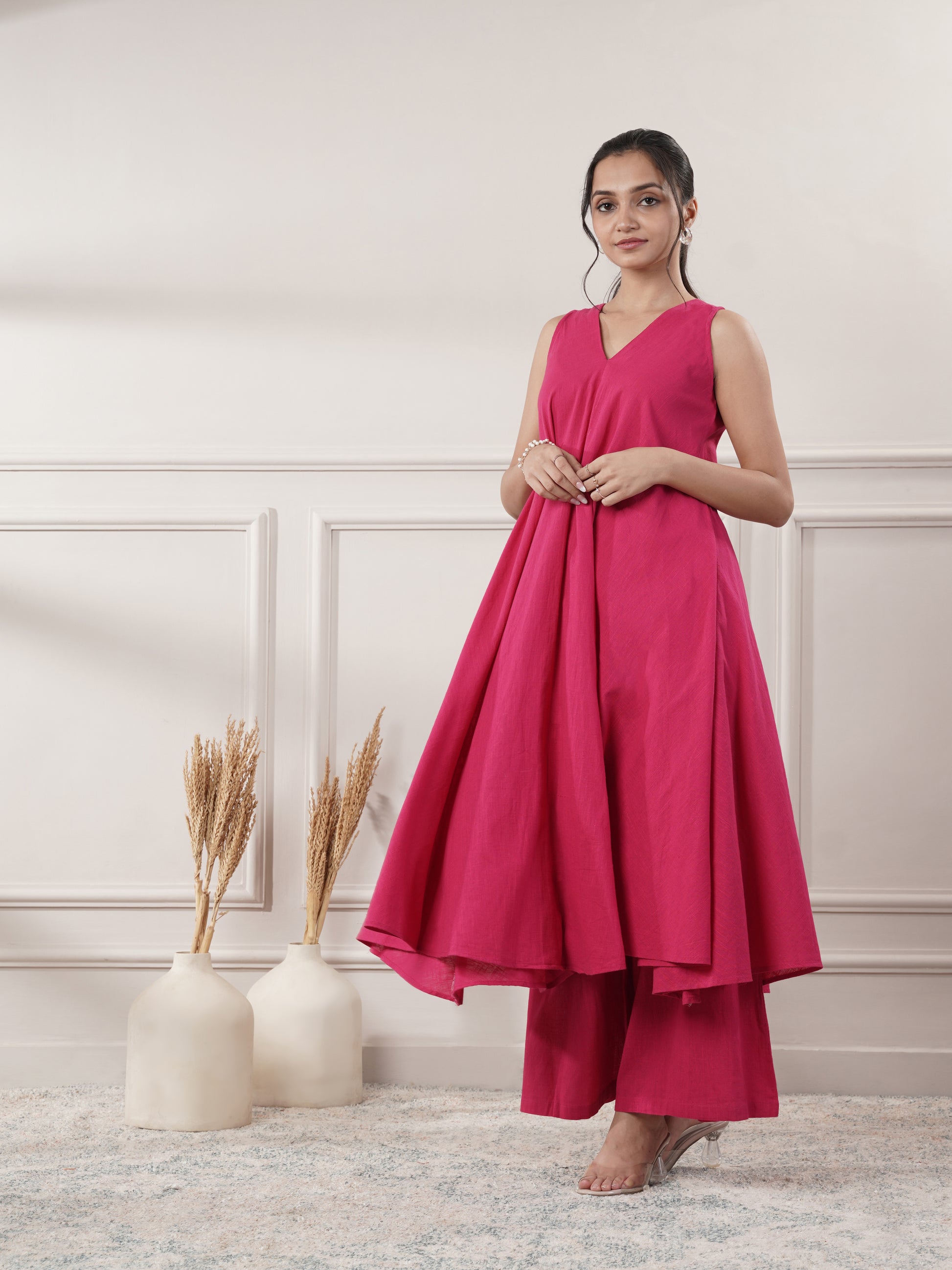Pink Cotton A-Line Midi Party wear dresses With Pants